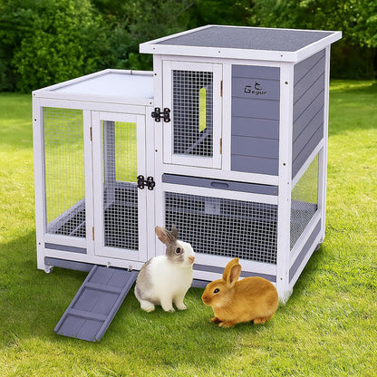 GEGURI Rabbit Hutch, Two-Story Indoor Bunny Cage, Outdoor Guinea Pig Cages for Small Animals with