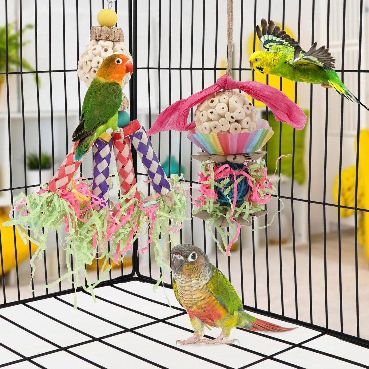 Wontee Bird Toys Colorful Shredding Crinkles Foraging Toys Natural Sola Ball for Parrots Cockatiels
