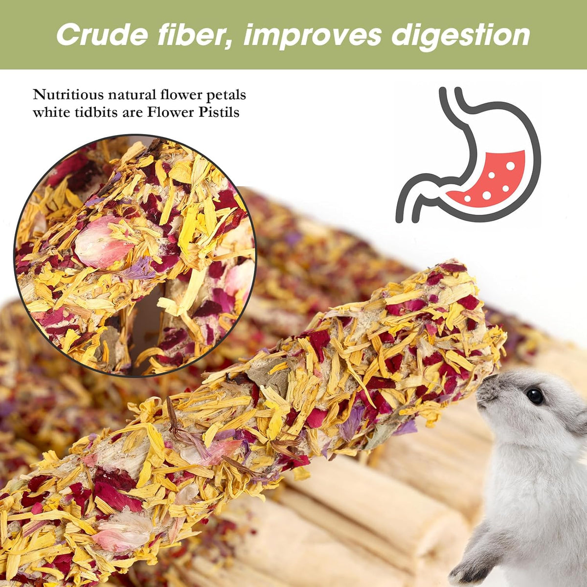Abizoo Natural Rabbit Chew Toys,10 Sticks Sweet Bamboo Sticks for Rabbits with Petals,Bunny Chew