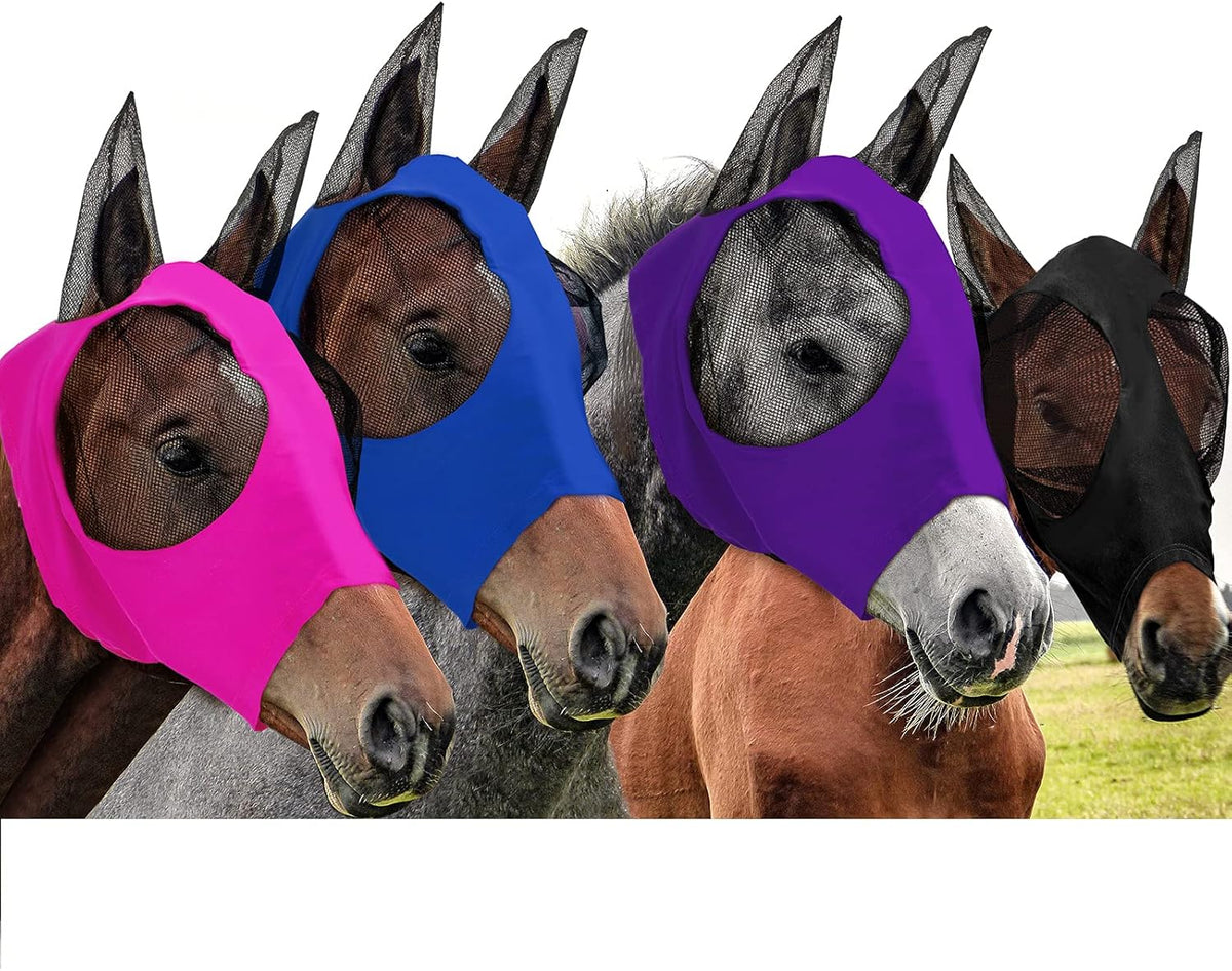 Frienda 4 Pcs Horse Fly Masks with Ears Head Fly Masks for Horses Smooth Elastic UV Protection