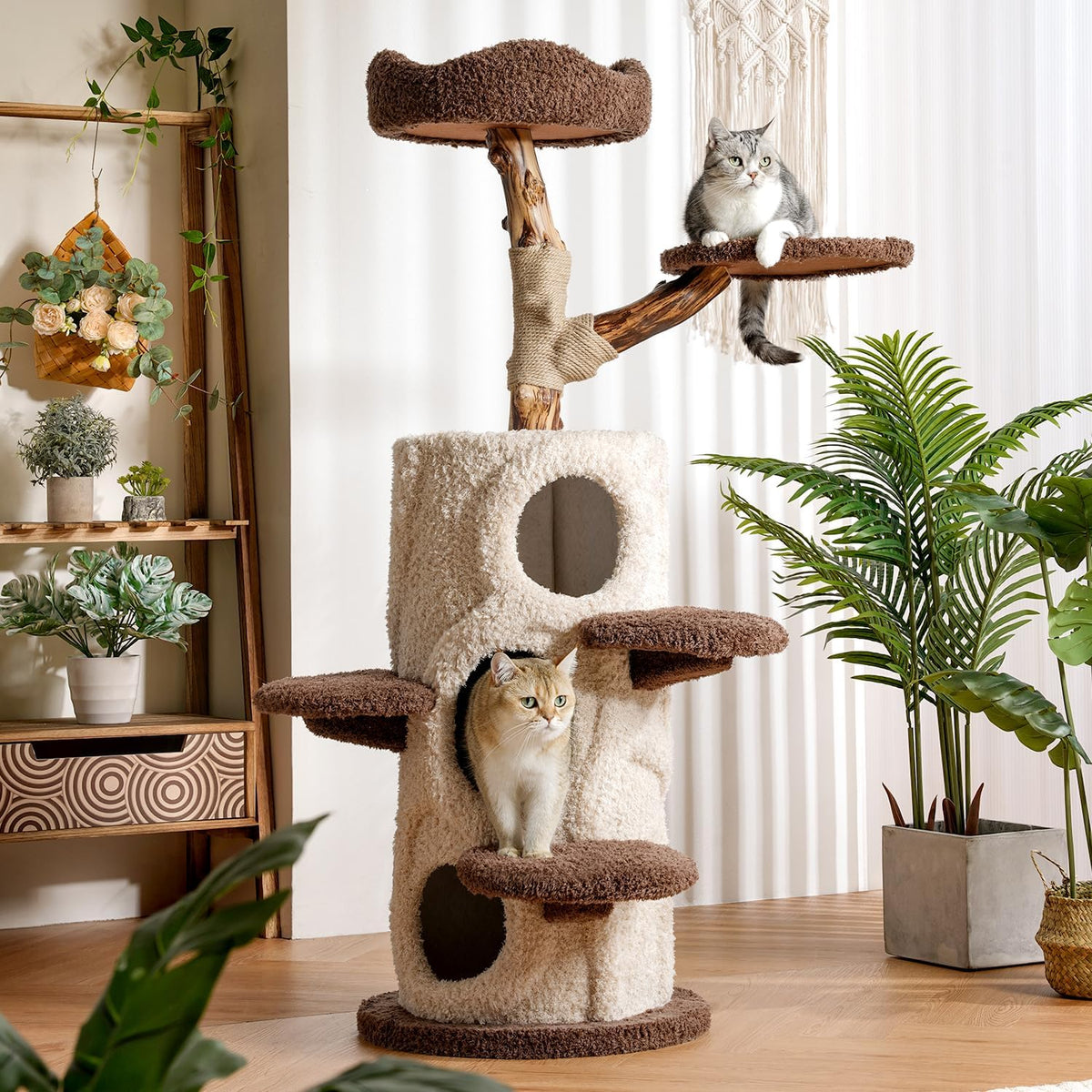 54.7'' Modern Cat Tree for Indoor Cats Large Adult, Wood Cat Tree with 3 Spacious Condos, Luxury
