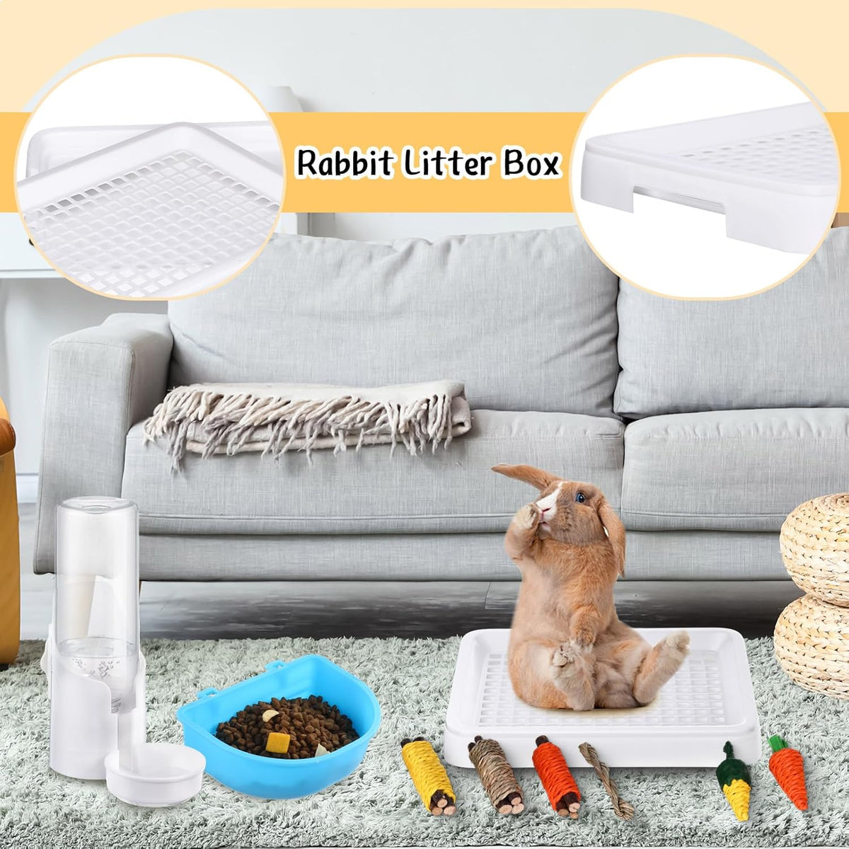 19 Pcs Rabbit Starter Kit Small Bunny Litter Box Animal Grooming Kit Water Bottle Bunny Toys Hay