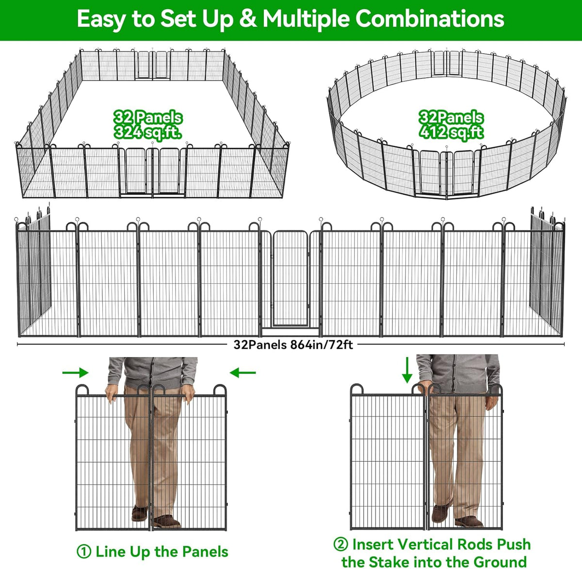 Dog Playpen Outdoor 32 Panels Heavy Duty Dog Fence 47" Height Anti-Rust with Doors Portable for RV