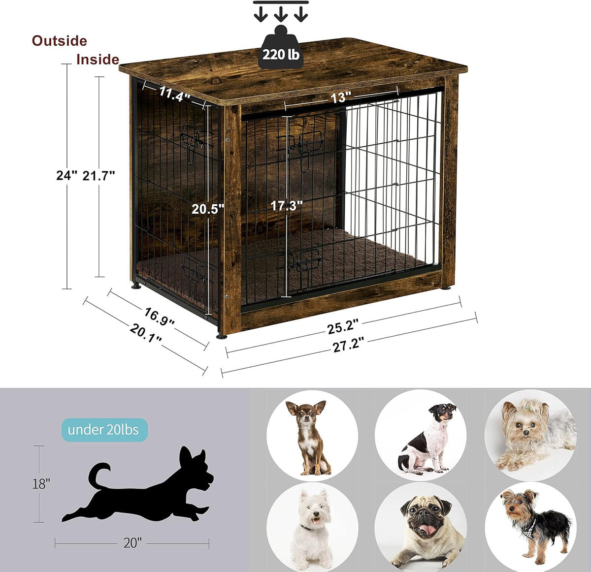 DWANTON Dog Crate Furniture with Cushion, Wooden Kennel Table with Double Doors, Indoor Dog House