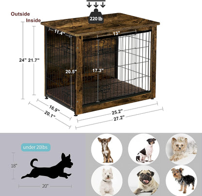 DWANTON Dog Crate Furniture with Cushion, Wooden Kennel Table with Double Doors, Indoor Dog House