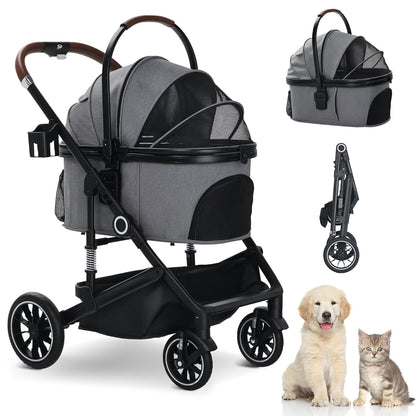 Pet Stroller with 4 Wheels, 3 in 1 Folding Puppy Strollers for Small/Medium Dogs Cats up to 50lbs