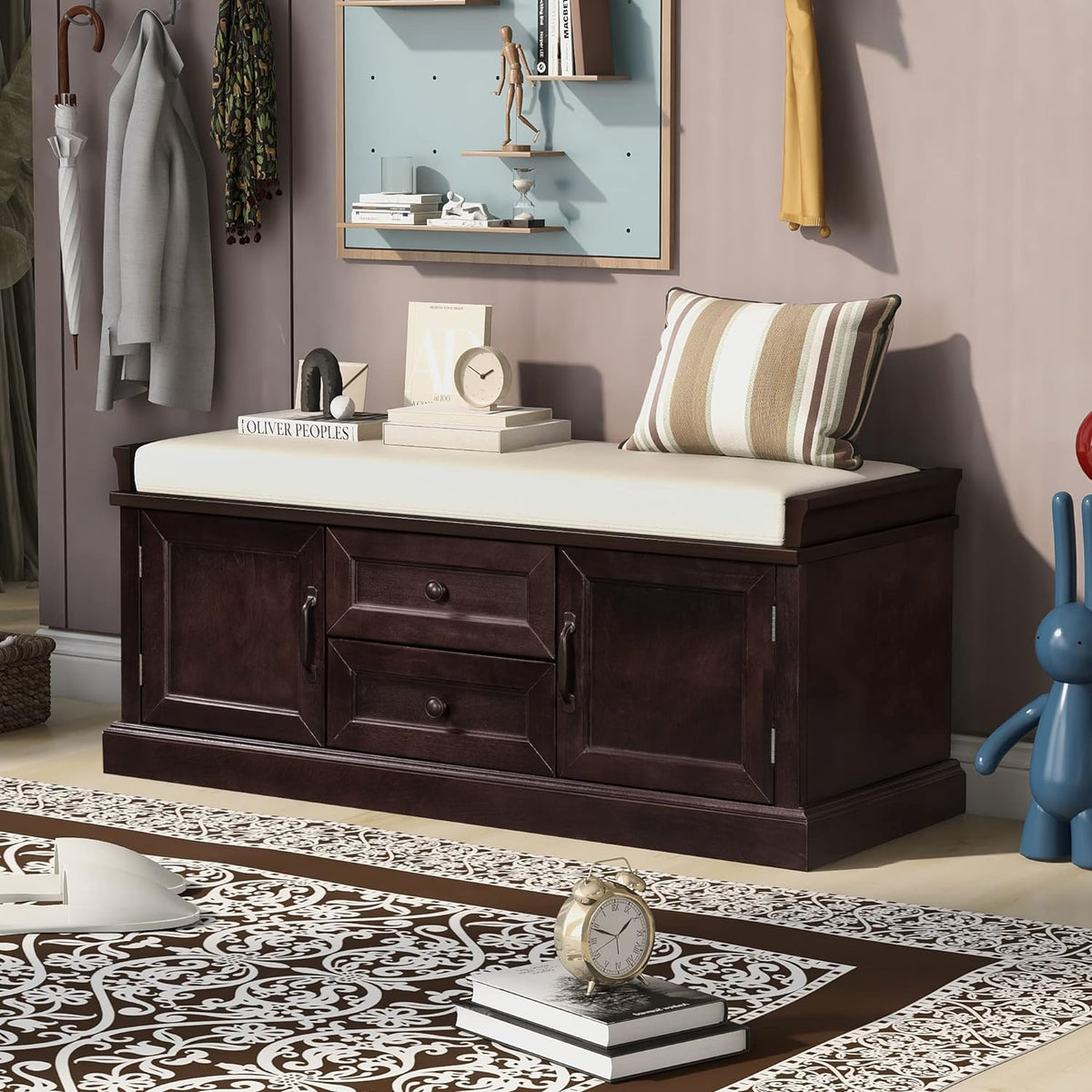 Storage Bench with 2 Drawers and 2 Cabinets, Pine Wood Pine Wood Shoe Bench with Removable Cushion