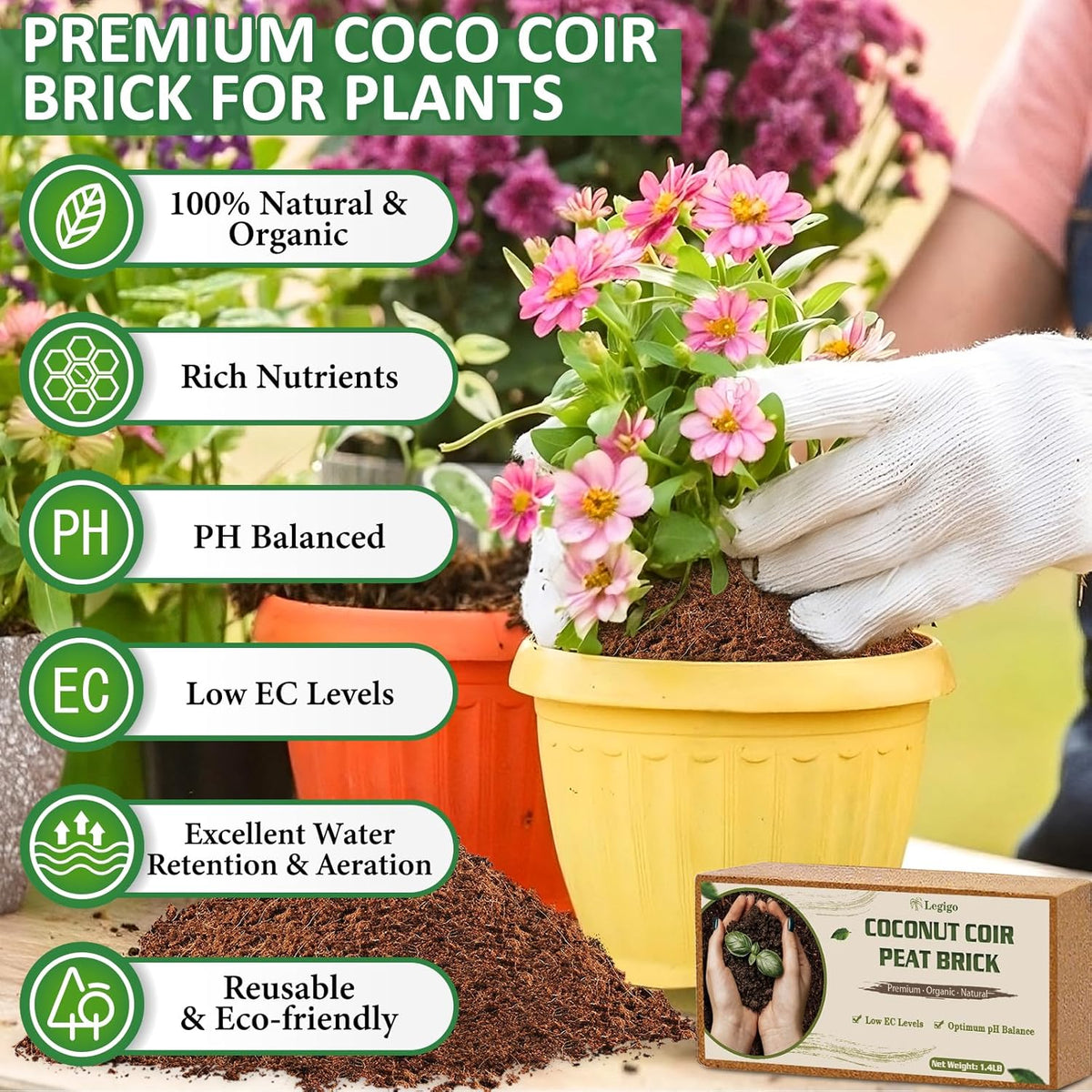 Legigo 2 Pack Premium Coco Coir Brick for Plants- 100% Organic Compressed Coconut Coir Bricks