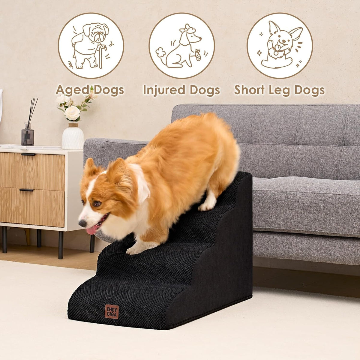 EHEYCIGA Curved Dog Stairs Ramp for High Beds 19.7" H, 4-Step Dog Steps for Small Dogs and Cats