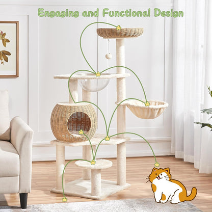 Yaheetech 54in Rattan Cat Tree, Modern Tower with Breathable Woven Condo, Scratching Posts &