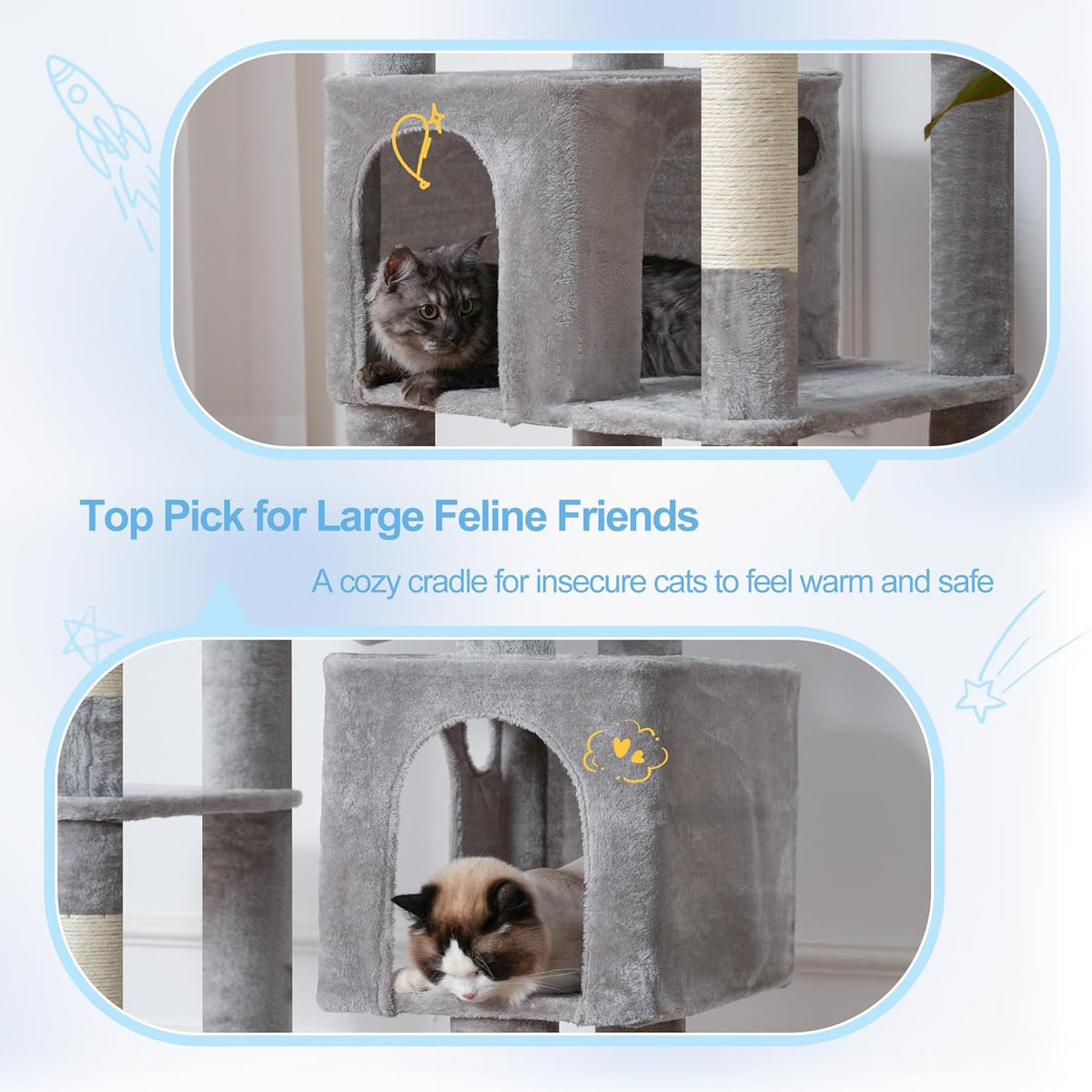 Hey-brother Tall Cat Tree Tower, Heavy Duty Scratching Posts with Large Platforms, Cozy Condos, Big