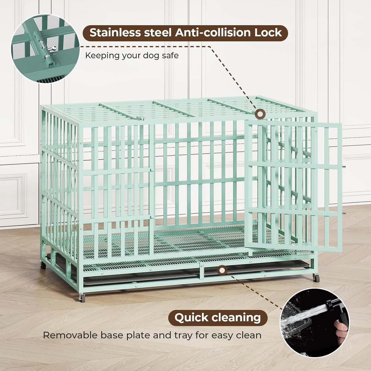 48IN Heavy Duty Dog Crate Steel Escape Proof, Indoor Double Door High Anxiety Cage Removable Tray