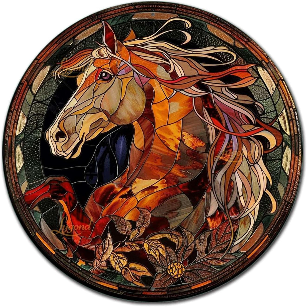 Lygond Metal Sign Tin Sign Circular Stained Glass Horse Metal Signs Vintage for Restaurant 12×12