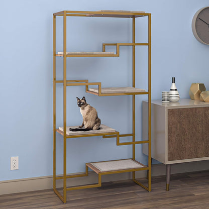 THE REFINED FELINE 62 Inch Tall Metropolitan Cat Condo, Gold Metal Frame Cat Tower, Multi-Level