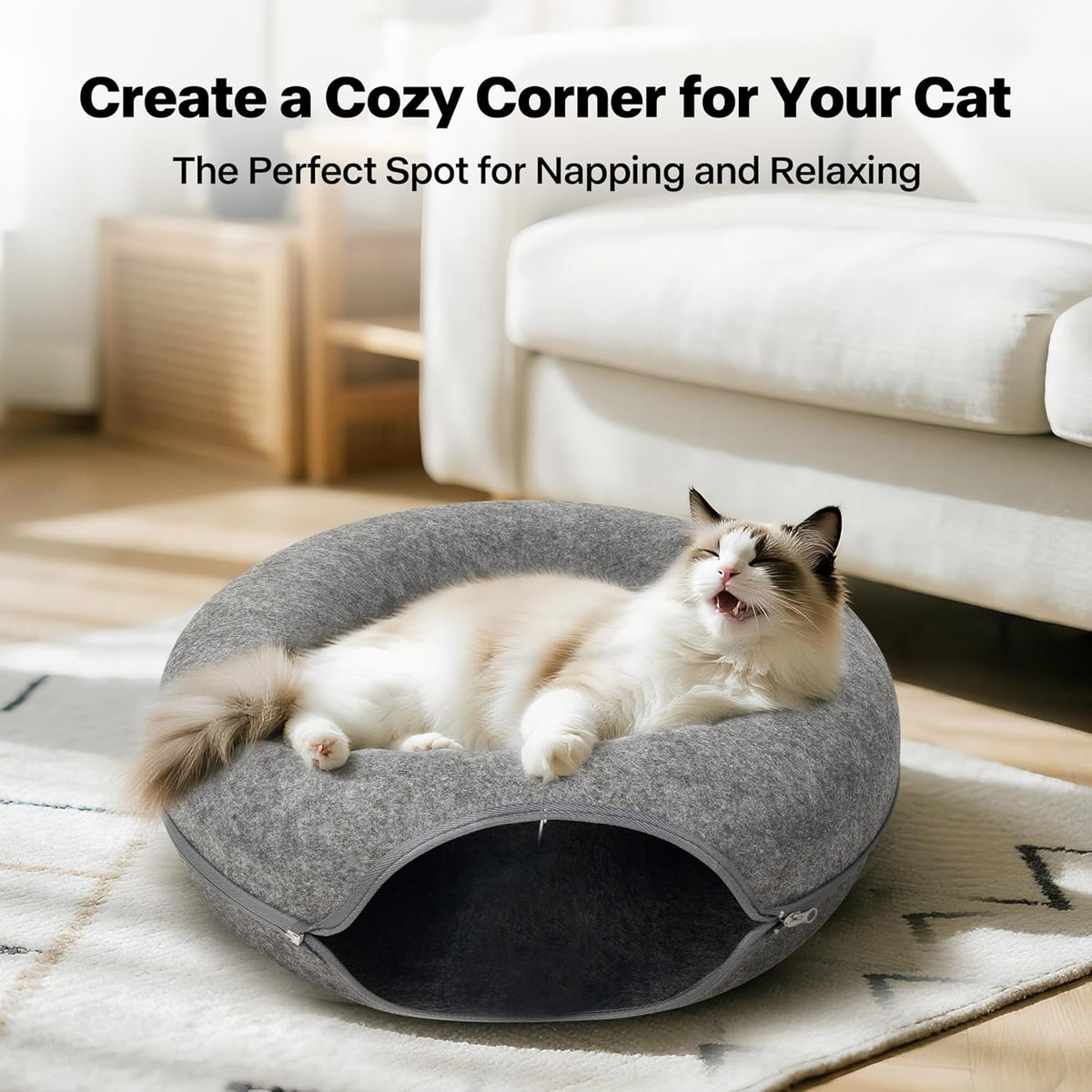 Pawise Peekaboo Cat Cave Donut Tunnel Bed, Cat Tunnel Bed,Bonus Separate Pom-Pom Bell Toy (Not