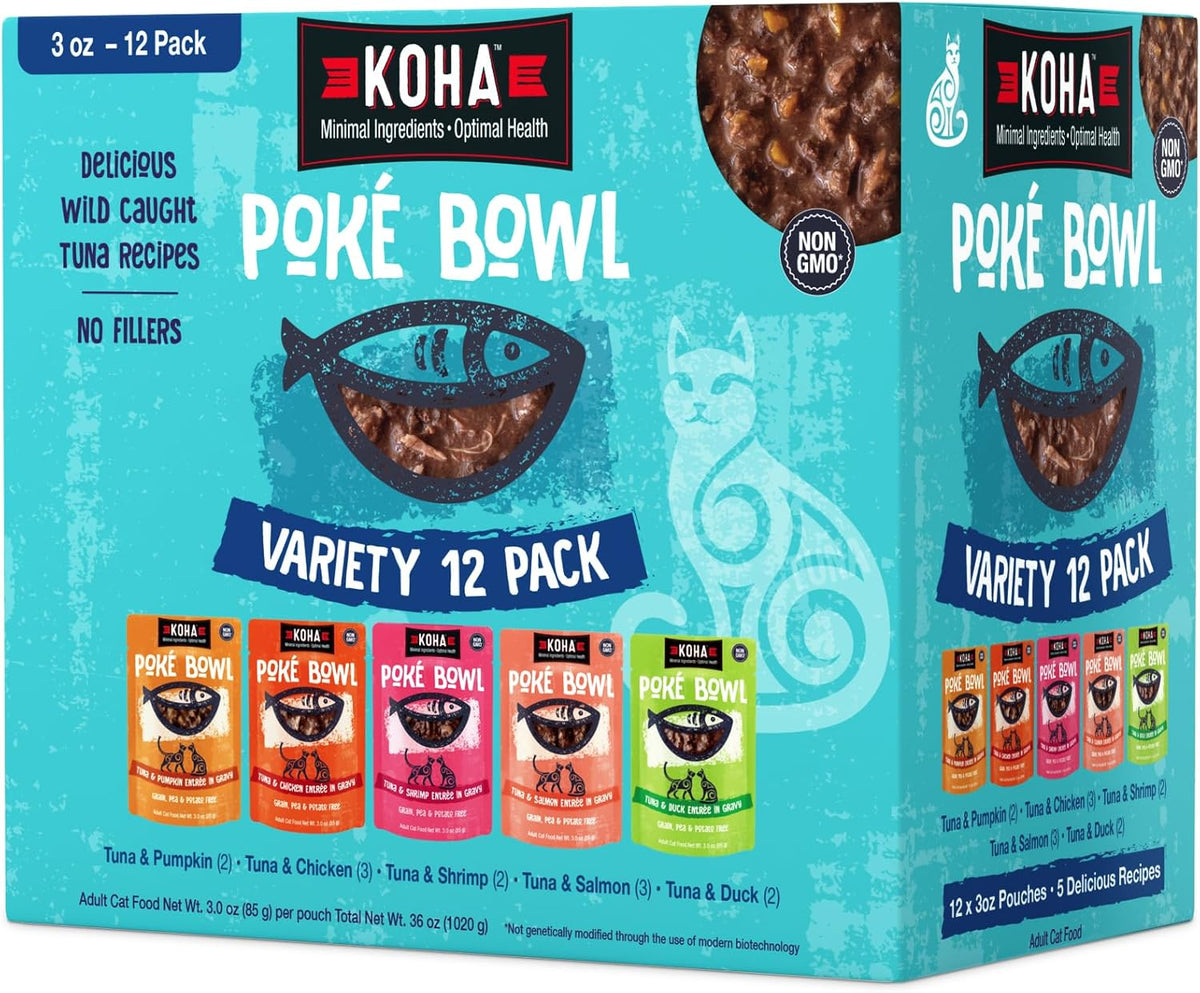 KOHA Poké Bowl Cat Variety Pack, Wet Cat Food in Gravy - 7 Flavors - Tuna Combinations of Salmon