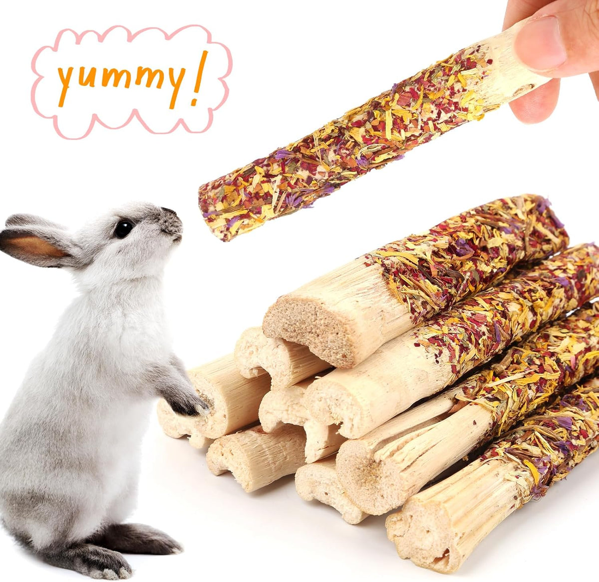 Abizoo Natural Rabbit Chew Toys,10 Sticks Sweet Bamboo Sticks for Rabbits with Petals,Bunny Chew
