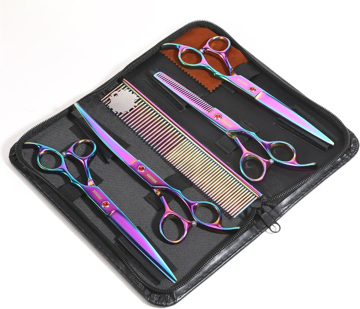 7.0in Titanium Professional Pet Grooming Scissors Set, GEMEK 6 in 1 Straight & Thinning & Upwards