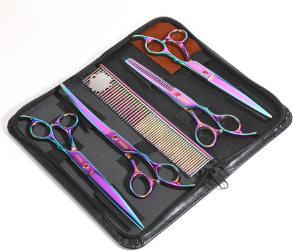 7.0in Titanium Professional Pet Grooming Scissors Set, GEMEK 6 in 1 Straight & Thinning & Upwards