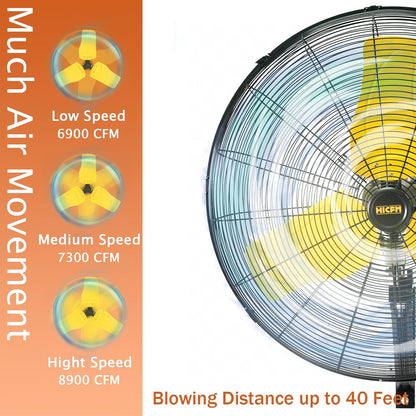 HiCFM 24" Oscillating Wall Fan, 8900 CFM High Velocity Industrial Wall Mounted Heavy Duty Shop Fans