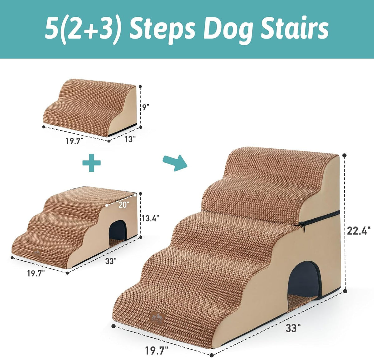 Extra Wide Dog Stairs with Tunnel, Detachable Large Pet Step for Small Medium Dog, Puppy or Cat