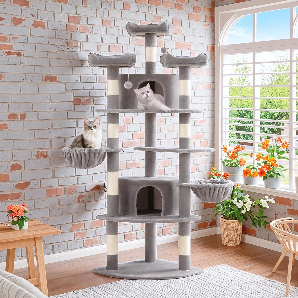 SHA CERLIN 73" Space-Saving Cat Tree/Multi-Level Tall Cat Tower with Perches/Scratching Posts/Condo