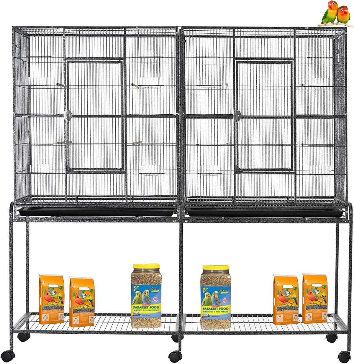 64" Extra Large Double Flight Bird Wrought Iron Double Cage Slide Out Center Divider Side Nesting