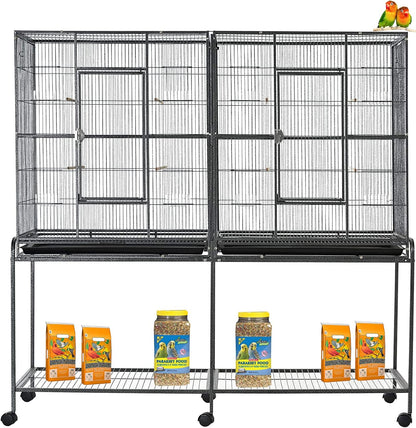 64" Extra Large Double Flight Bird Wrought Iron Double Cage Slide Out Center Divider Side Nesting