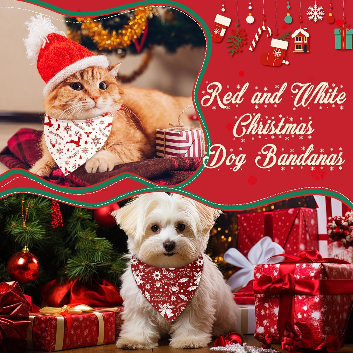Abbylike 50 Pcs Christmas Dog Bandanas Bulk Xmas Red and White Bandanas for Dogs Triangle Kerchief