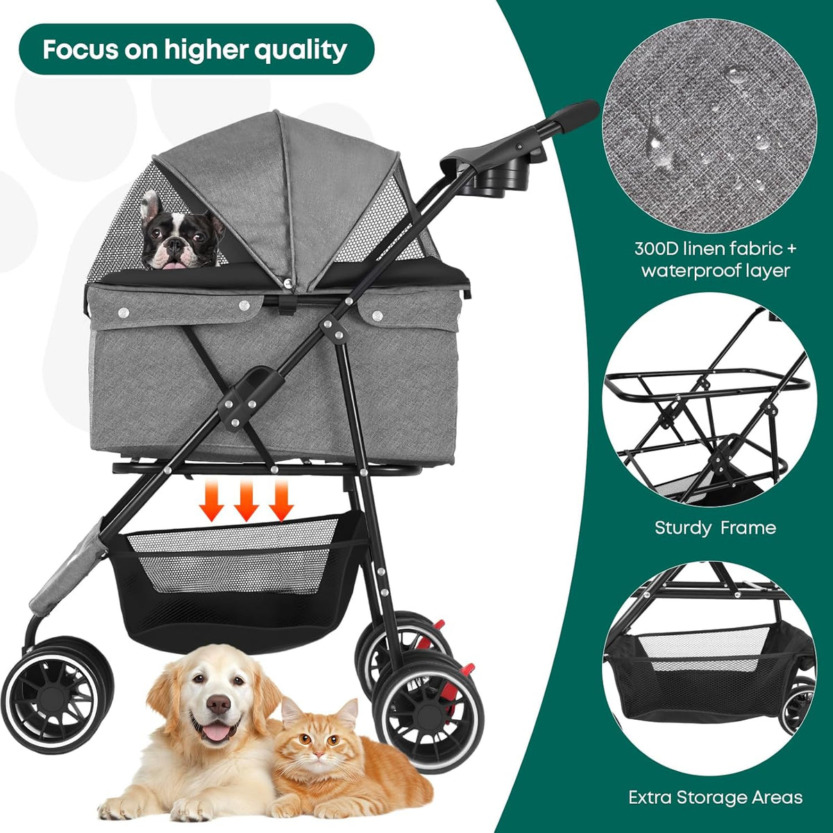 Pet Stroller,Dog Stroller for Small Medium Dogs Cats,3 Wheels,Foldable,with Breathable Mesh