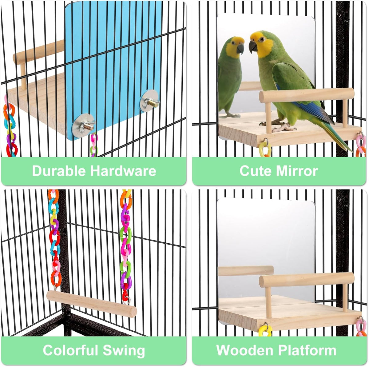 KyoukiBird Perch Platform Bird Toys with Bird Mirror Climbing Ladder Swing, Parakeet Cage