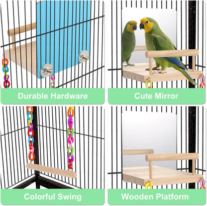 KyoukiBird Perch Platform Bird Toys with Bird Mirror Climbing Ladder Swing, Parakeet Cage
