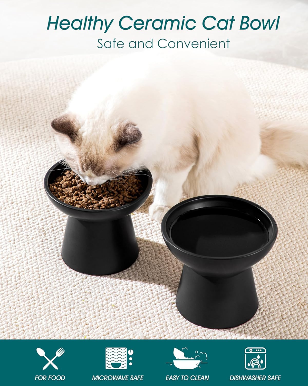 vancasso Ceramic Elevated Cat Bowls 2-Pack - 6.2" Extra Wide Raised Cat Food & Water Dishes, 5.1"