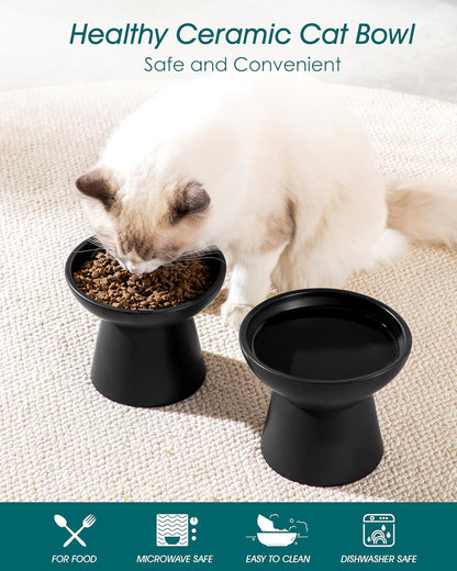 vancasso Ceramic Elevated Cat Bowls 2-Pack - 6.2" Extra Wide Raised Cat Food & Water Dishes, 5.1"