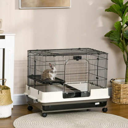 PawHut 26" Small Animal Cage with Wheels, 2-Level Portable Bunny Cage, Chinchilla Ferret Cage with
