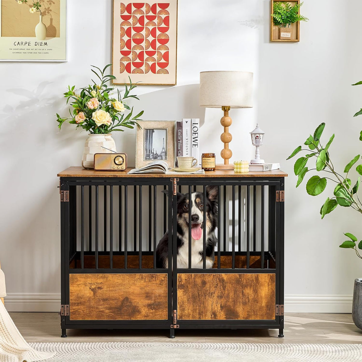 KOOPRO 43.7" Inch Dog Crate Furniture with Cushion for Large Dogs, Wooden Heavy Duty Dog Kennel
