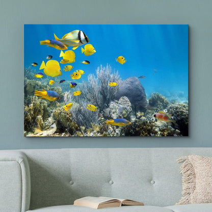 wall26 Canvas Print Wall Art Yellow School of Fish with Blue Coral Reef Nature Ocean Photography