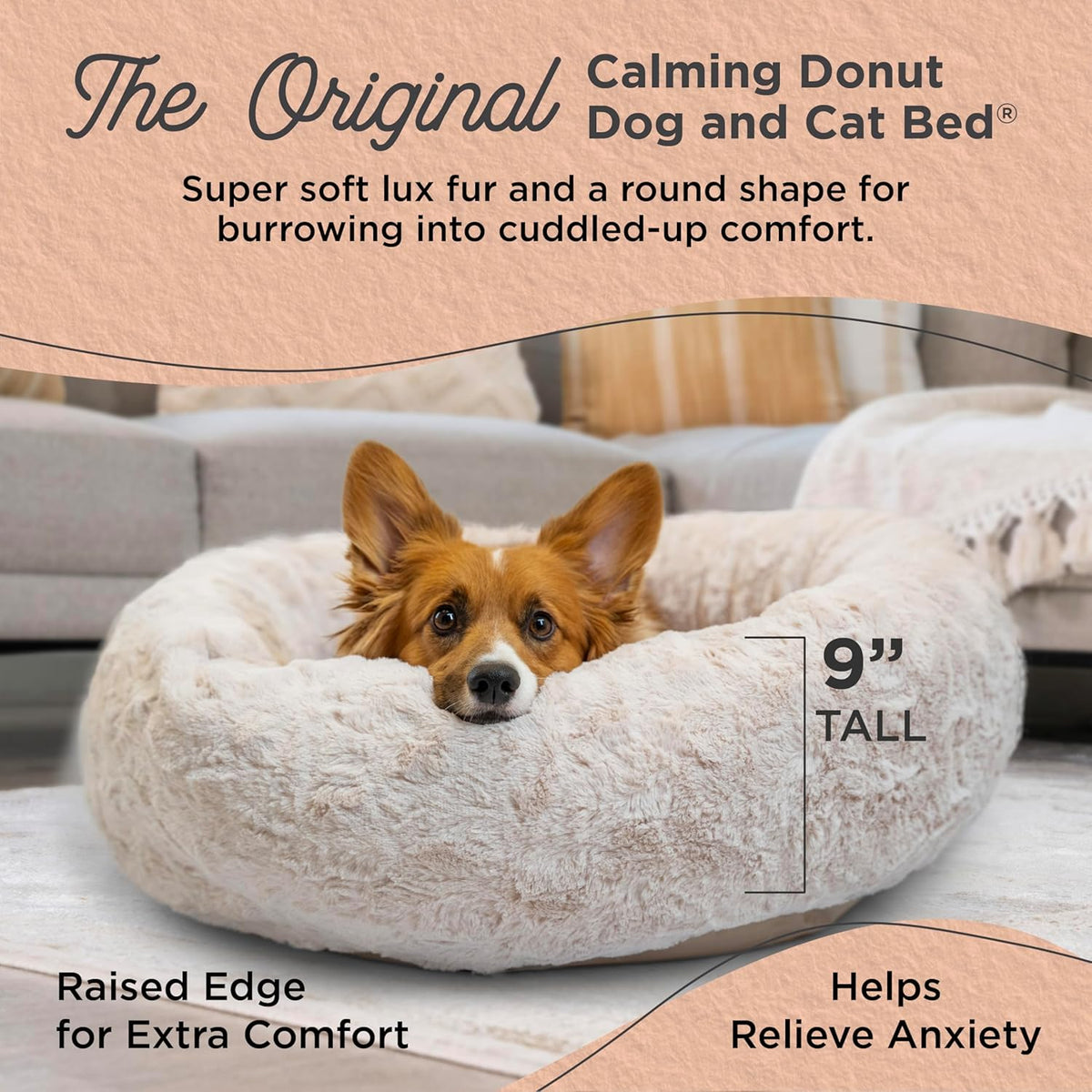 Best Friends by Sheri Original Calming Donut Dog and Cat Bed, Lux Faux Fur, Oyster, (30in x 30in)