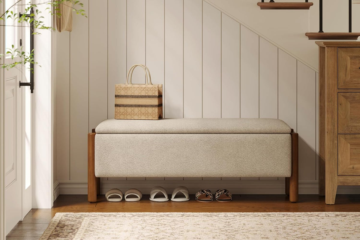 Modern Storage Benches with Walnut Wood Legs, 47'' Ottoman Bench with 20 Gallons Storage Space for