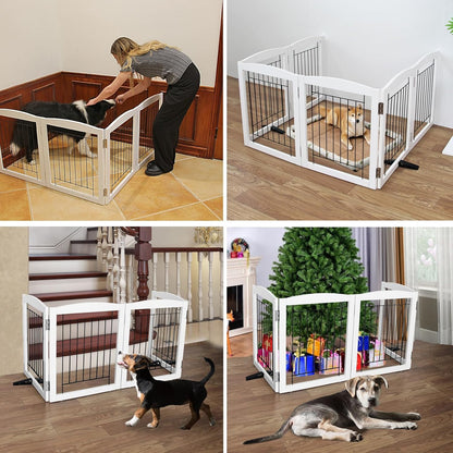 ZJSF Freestanding Dog Fence Indoor, Foldable Dog Gate for Doorways, Stairs or Hallways, Sturdy Wood