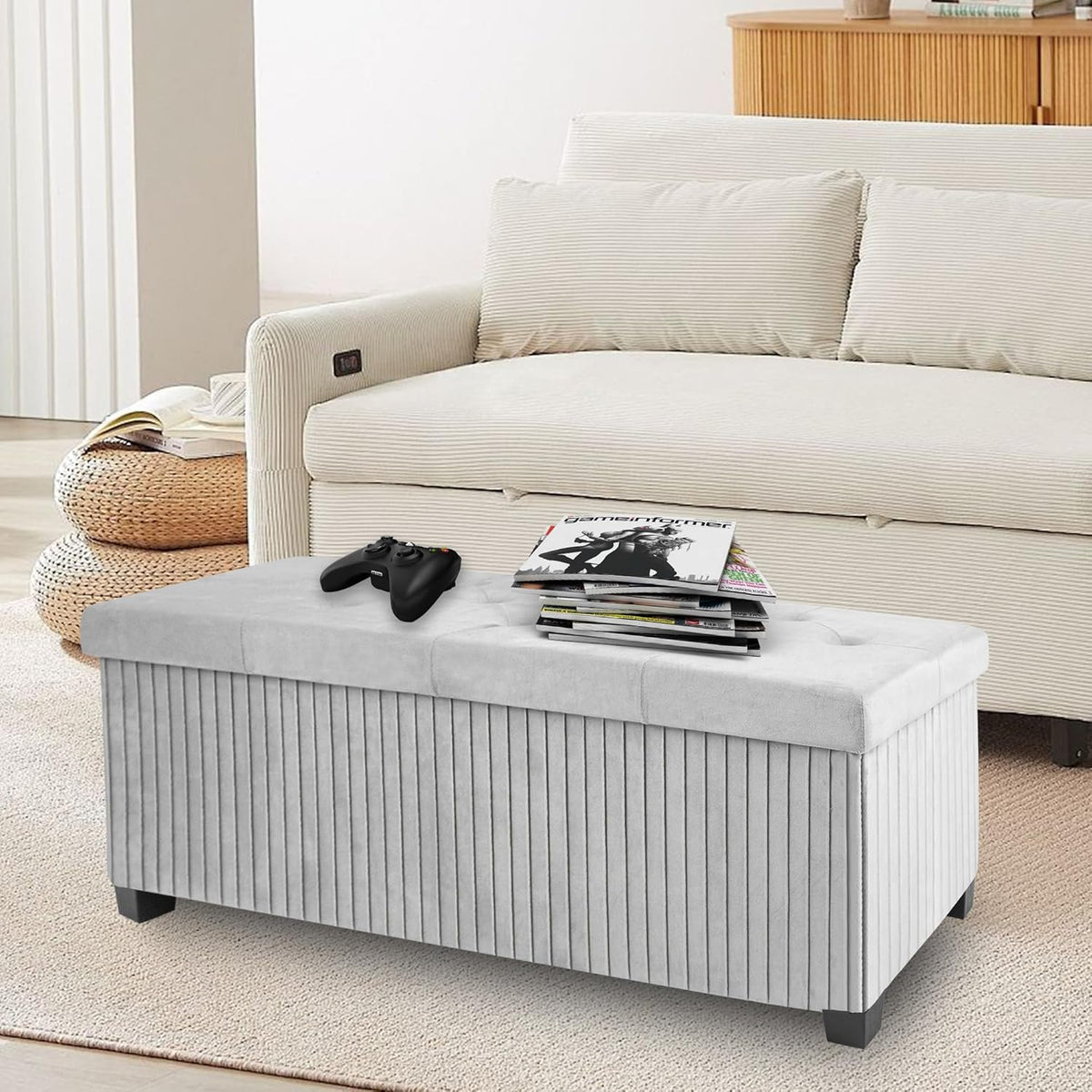 Storage Ottoman Bench, 43 Inch Foldable Ottoman with Legs, Velvet Foot Rest Stool, End of Bed