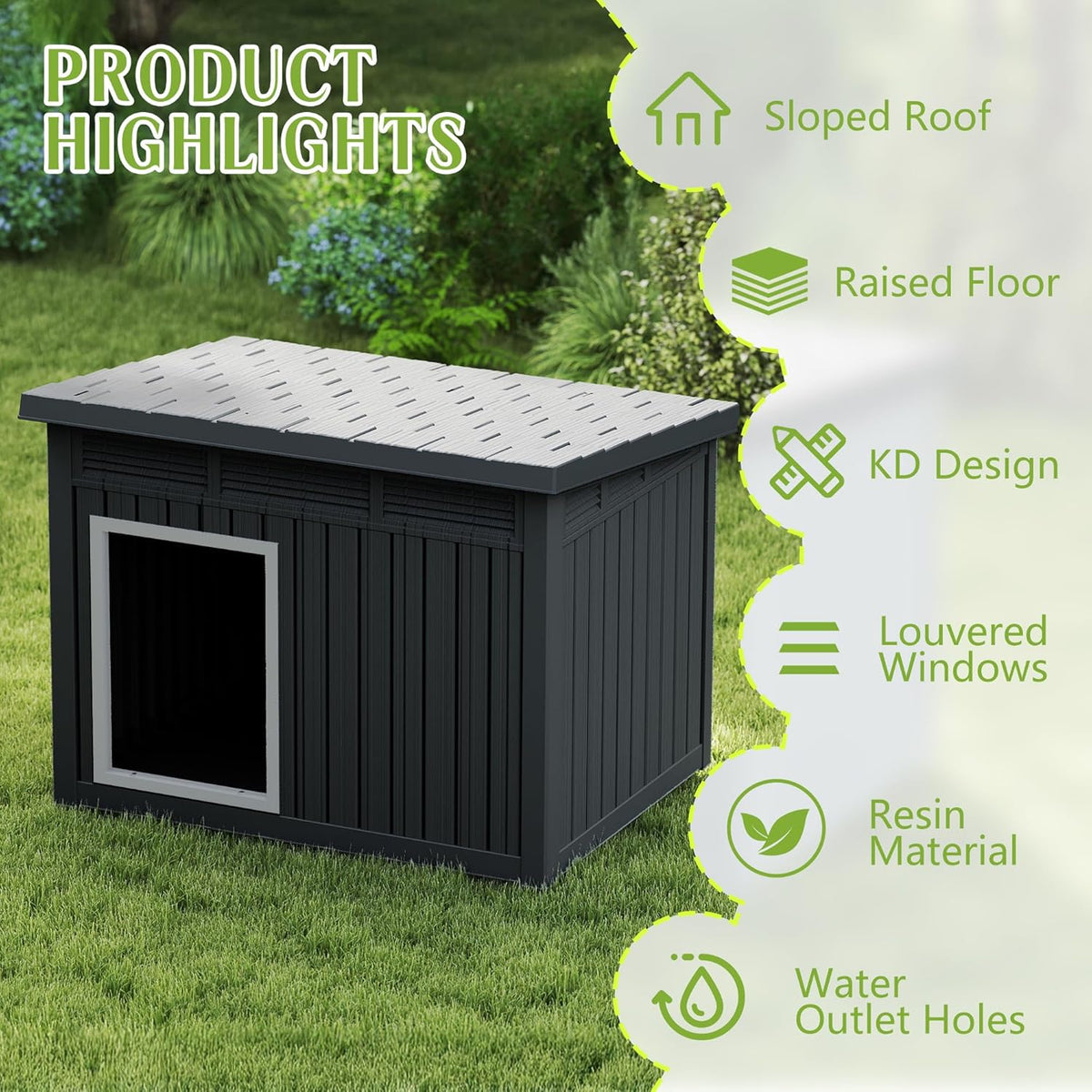Dog House Indoor Outdoor,Resin Waterproof Puppy Shelter with Air Vents and Elevated Floor,Air Rod