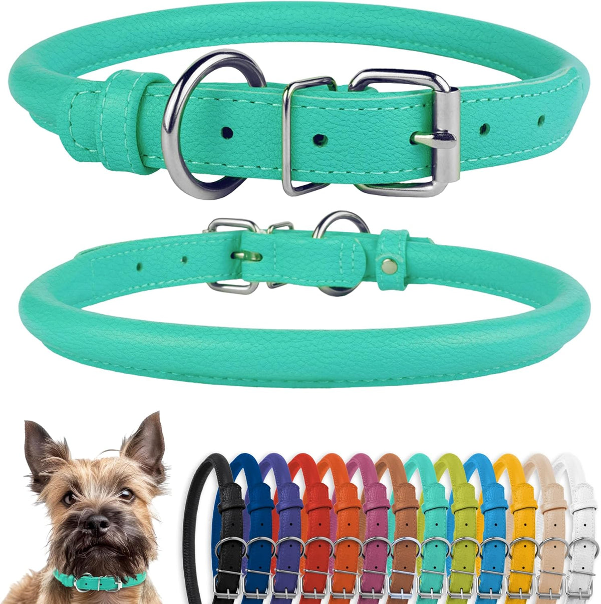 CollarDirect Rolled Leather Dog Collar, Soft Padded Round Puppy Collar, Handmade Genuine Leather