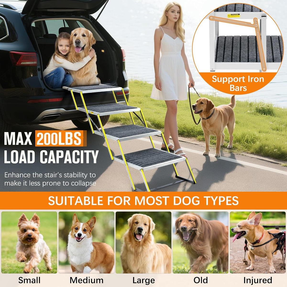 Reflective 20" Wide Dog Car Ramp, 4-Step Aluminum Stairs with Non-Slip Carpet - Foldable Design for