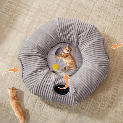 Large Cat Tunnel Bed for Indoor Cats,Cat Donut Tunnel Toy with Washable Circle Cushion,Blackout