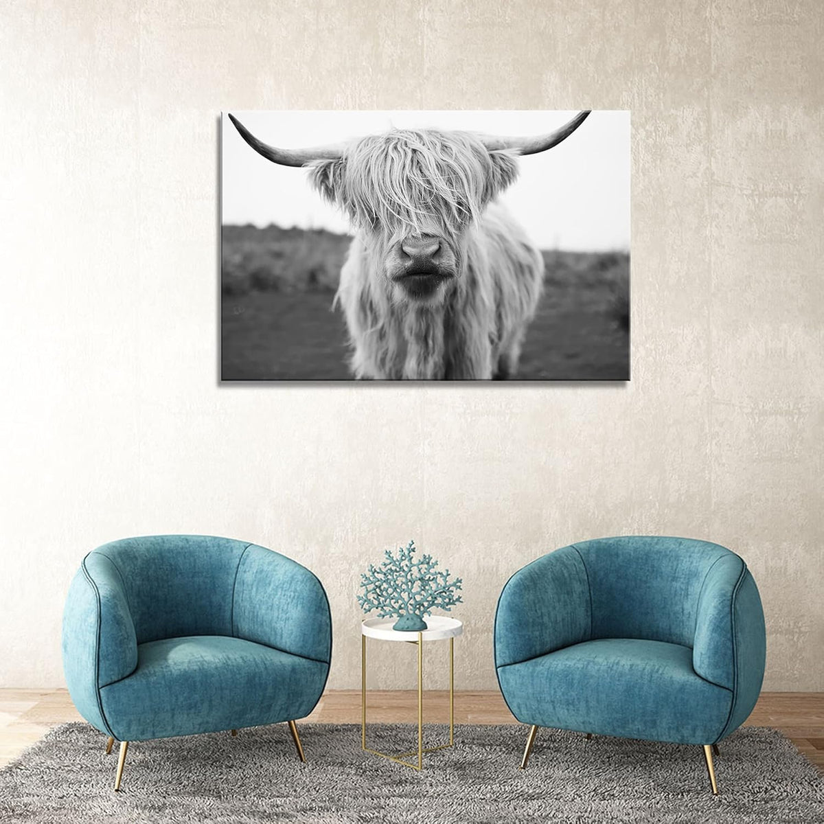 XXMWallArt FC3669 Highland Cow Canvas Art - Black and White Animal Wall Art for Living Room