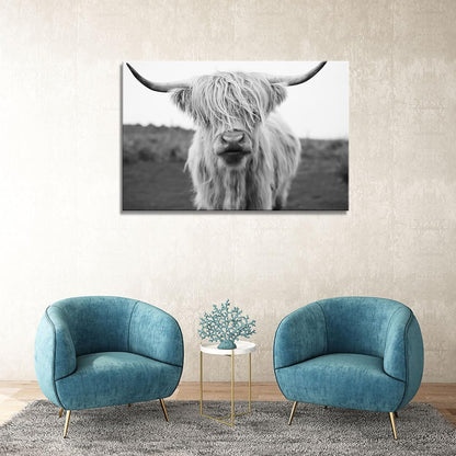 XXMWallArt FC3669 Highland Cow Canvas Art - Black and White Animal Wall Art for Living Room