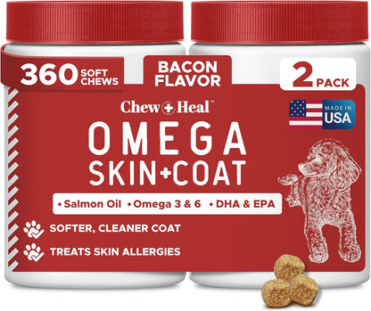 Best Itchy Skin Relief for Dogs -360 Soft Chew Omega Treats for Skin and Coat -Salmon Oil Blend of