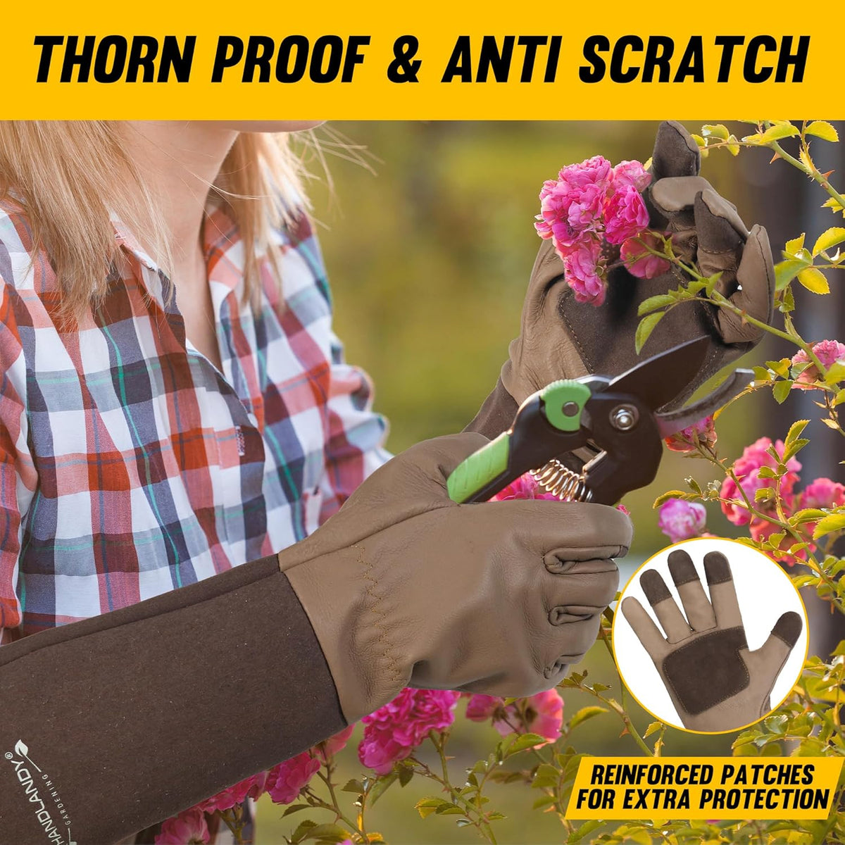 HANDLANDY Long Gardening Gloves for Men & Women, Cowhide Leather Rose Pruning Gloves- Breathable &
