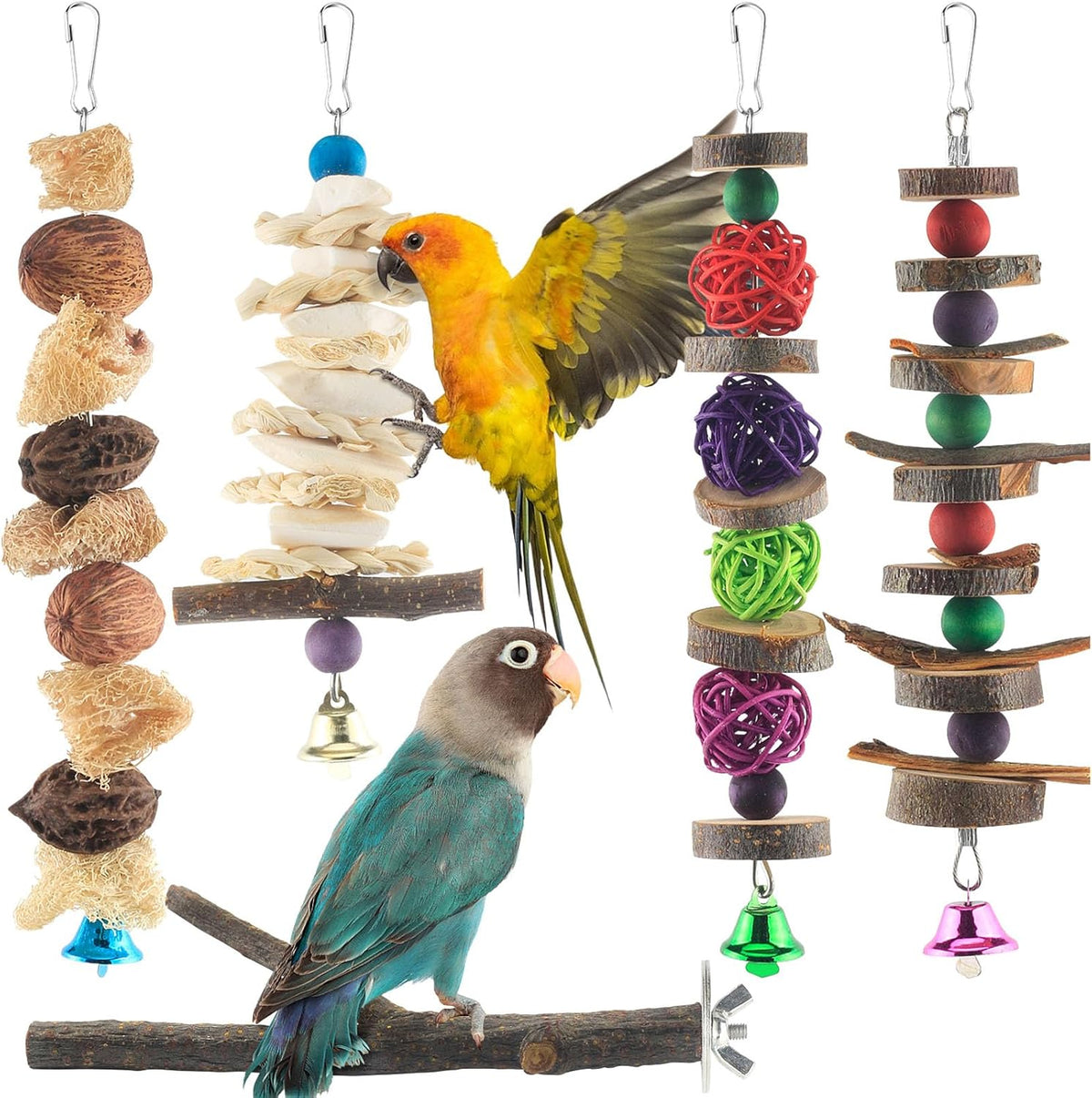 Bissap Bird Chew Toys, 5 Packs Parakeet Natural Wood Toys Parrot Hanging Cage Toy Bird Perch Stand